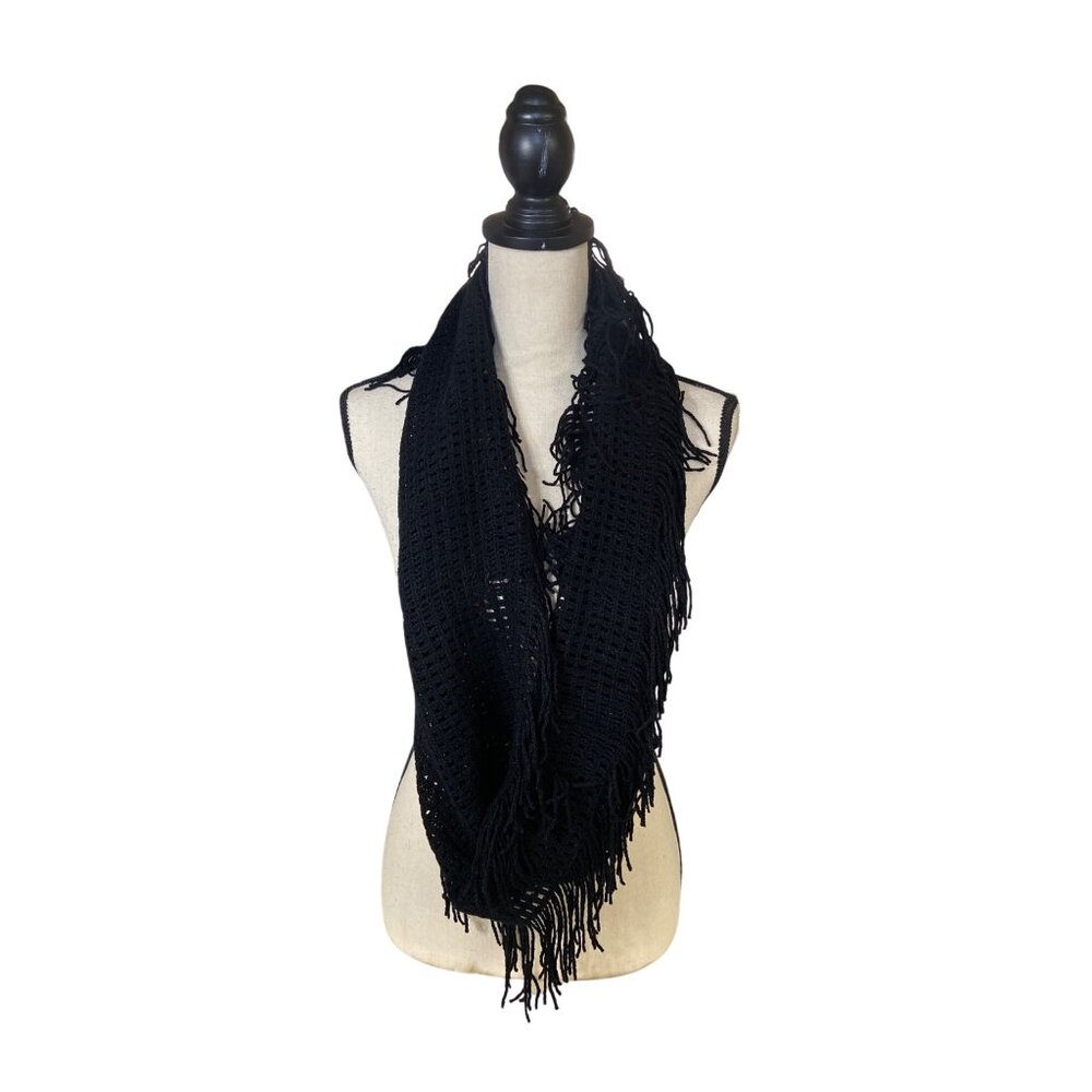 Vintage Womens Rectangle Infinity Scarf Black Crochet Fringe Goth Boho